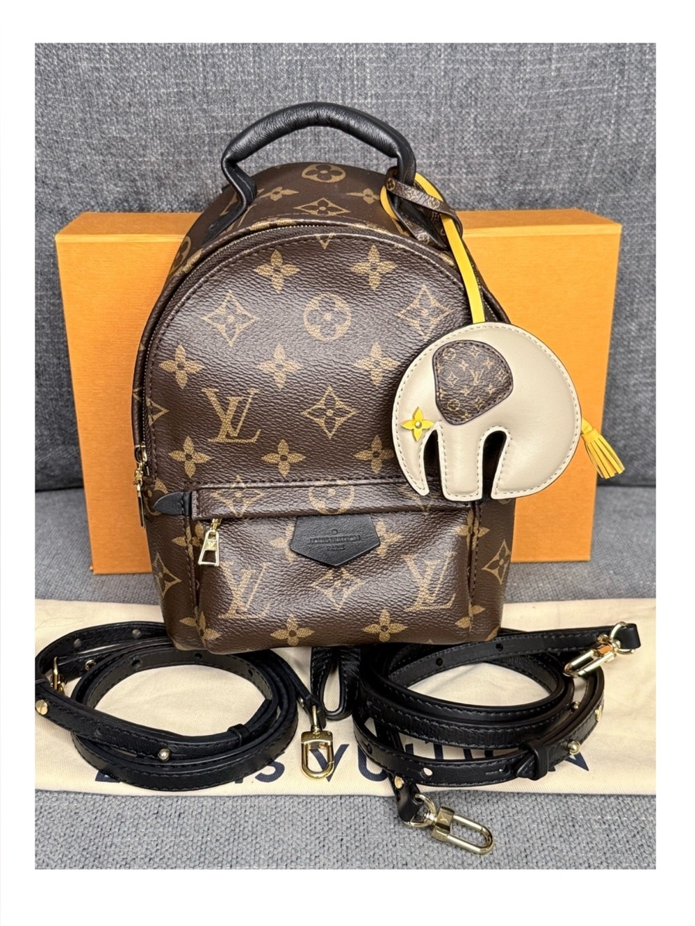 Louis Vuitton palm springs mini monogram backpack with rare elephant charm